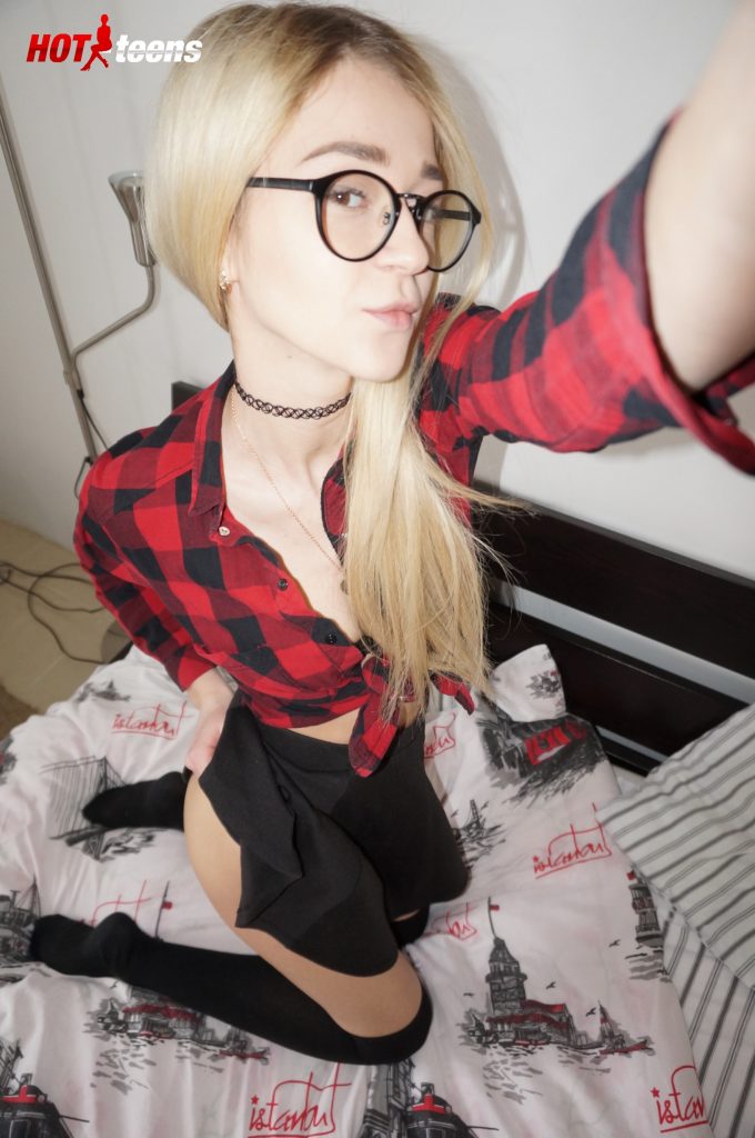 Amateur teen with glasses homemade selfie
