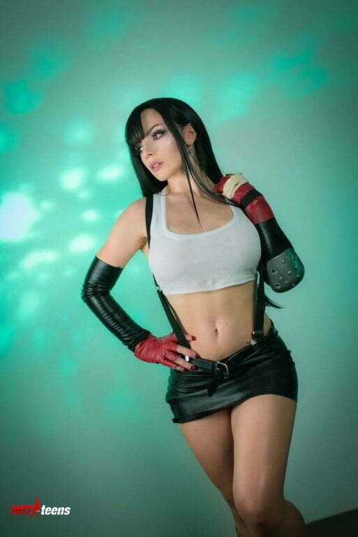 Cosplay with mini black skirt and white top