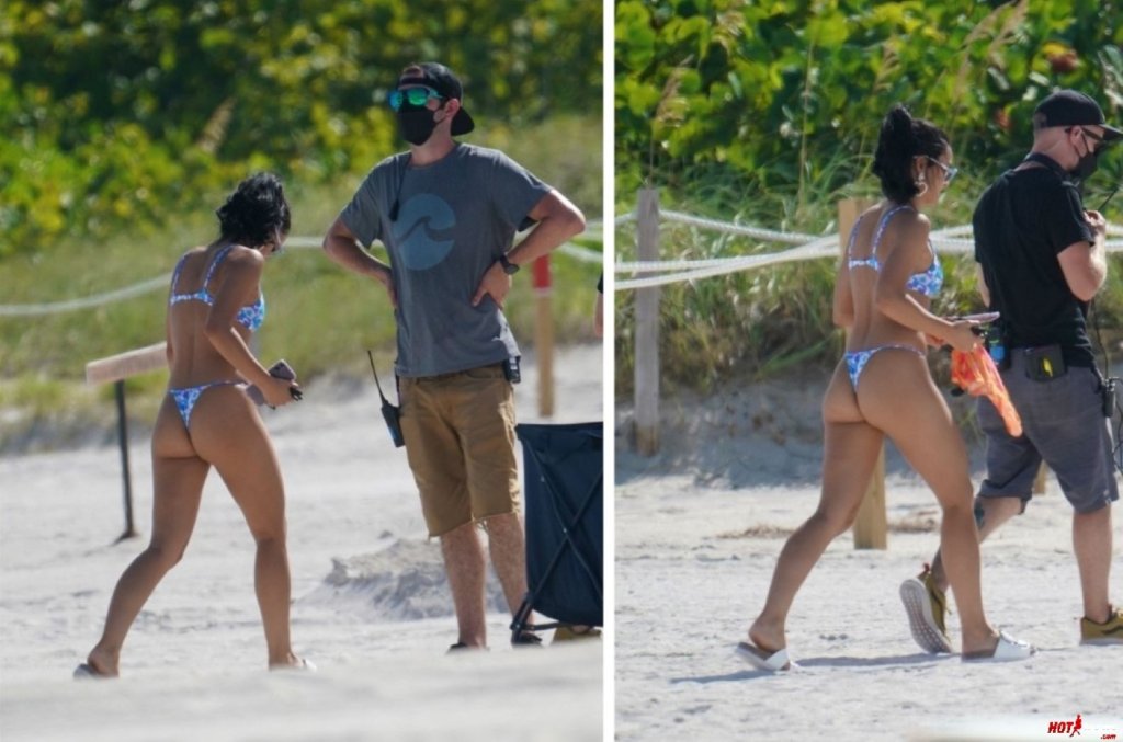 Camila Mendes ass in bikini thong on set