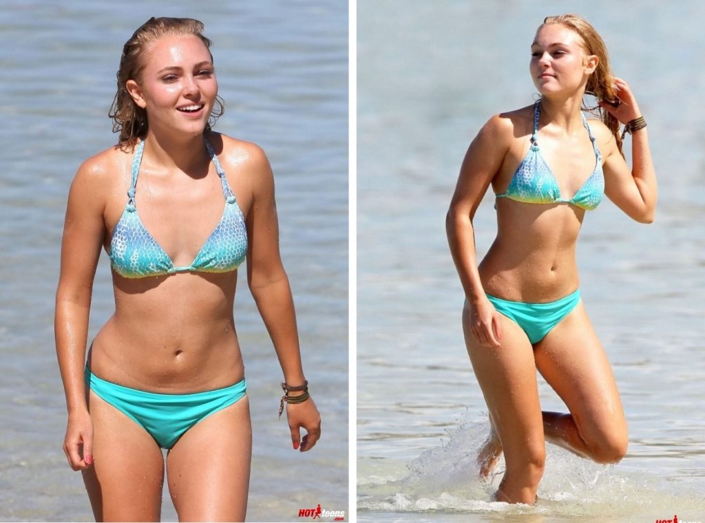 Most sexy Annasophia Robb in bikini playing in the sea