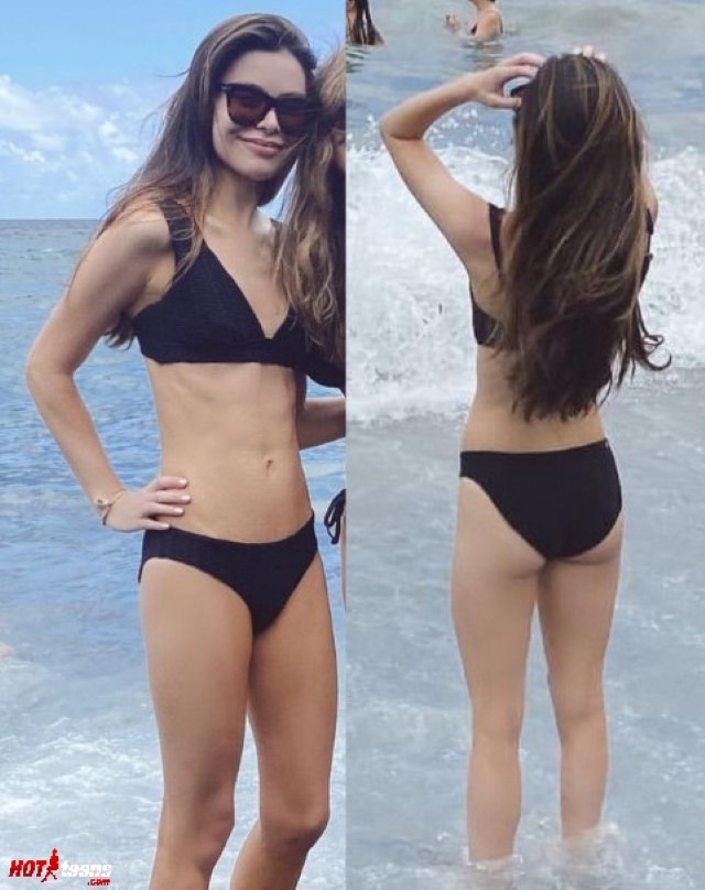 Miranda Cosgrove in black bikini front and back pic