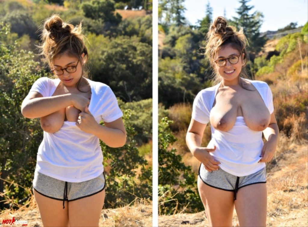 Teen with bazooka tits topless in public mountain